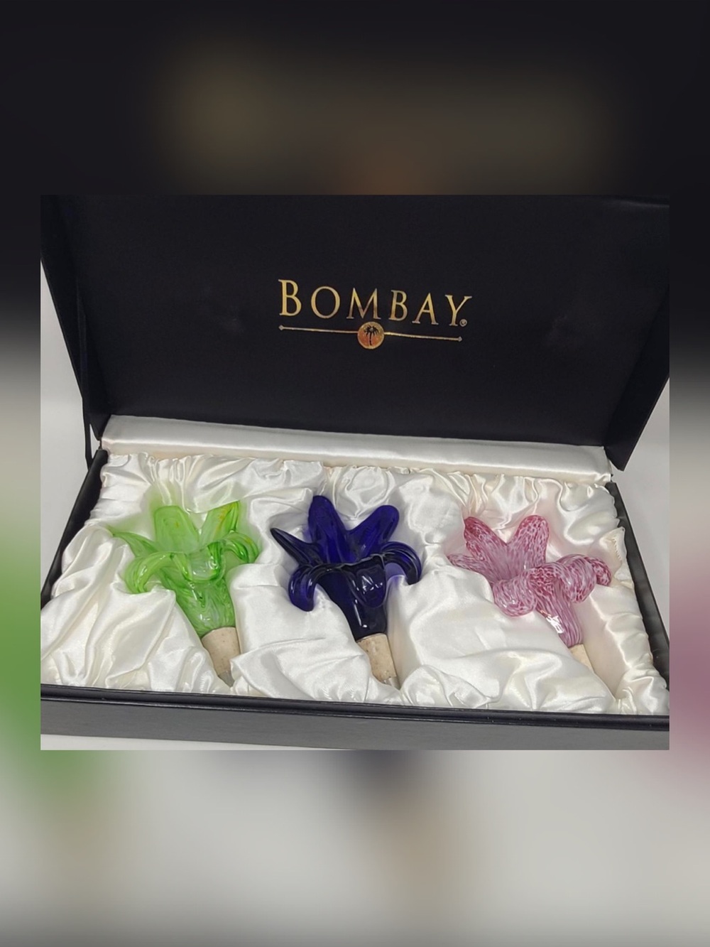Bombay Hand-Blown Glass Flower Bottle Stoppers — Green, Blue, Pink